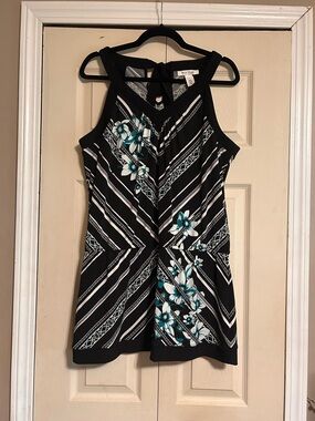 White House Black Market Black Halter Top with Teal & White Accents